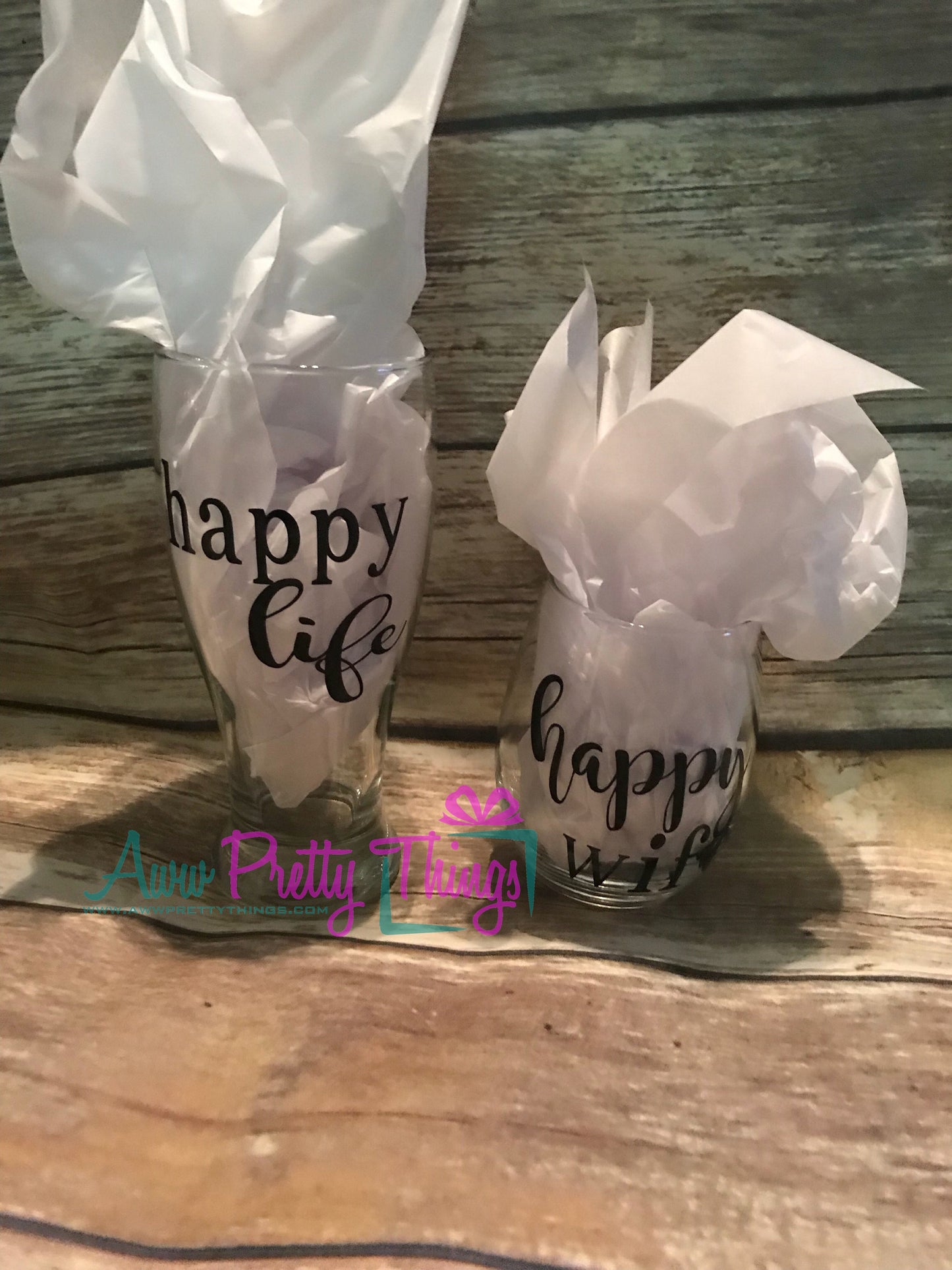 Happy Wife Happy Life Beer Mug and Wine Glass Set Couples Glass Set