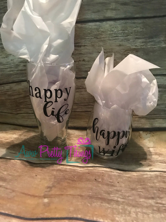 Happy Wife Happy Life Beer Mug and Wine Glass Set Couples Glass Set