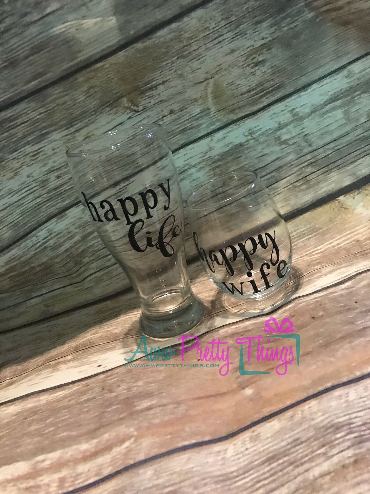 Happy Wife Happy Life Beer Mug and Wine Glass Set Couples Glass Set